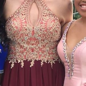 Burgundy & gold prom dress